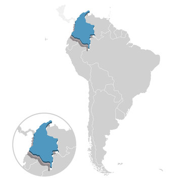 Vector illustration of Colombia in blue on the grey model of South America map with zooming replica of country