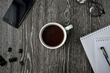 office items on a wooden table