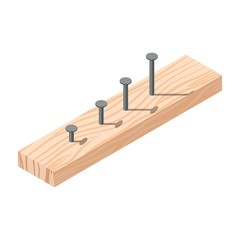 Realistic isometric rasped wooden timber plank for building construction or floring with nails. Wooden board on a white background. Vector illustration