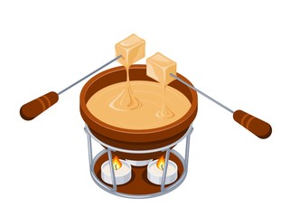 Fondue. Isometric style Brown jar with melted cheese and forks with stringed pieces of bread. Cheese fondue on a white background. Vector illustration