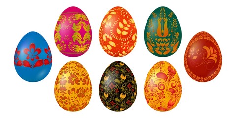 Set of colored Easter eggs with national Ukrainian painting. Items for the celebration of Easter. Vector illustrator of festive food on a white background.