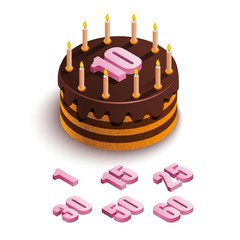 Isometric cake on a white background. Round chocolate cake with candles and a pink number 10  and other numbers at the top. Festive food. Birthday holiday. Vector stock illustration.