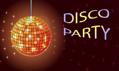 Disco ball with brignt sparkles vector EPS10. Night party background. Mockup for design. Copy space.