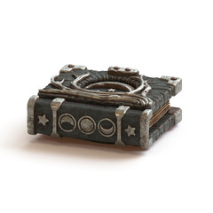 3d illustration of a dark leather grimoire. Vintage old magic book cover with moon phases and tree roots. Ancient magic book of shadows. Spellbook concept. 3d rendering isolated on white background.