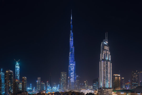 The Address Downtown Dubai and Burj Khalifa at night, Dubai, UAE