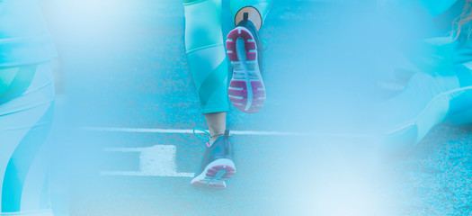 woman on the running track, collage of running exercises