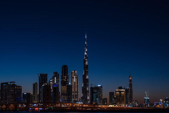 Dubai cityscape with Burj Khalifa at night