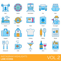 Instagram highlights icons including gym, casino, train station, car, boat, airport, plane, ticket, travel, tour agent, luggage, bags, cooking, baking, recipe, restaurant, cafe, bar, wine, tobacco.