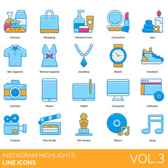 Instagram highlights icons including grocery, shopping, personal care, cosmetics, spa, men, women apparel, jewelry, watch, sneakers, camera, phone, tablet, computer, software, cinema, film studio, awa - obrazy, fototapety, plakaty