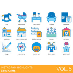 Instagram highlights icons including toys, baby goods, home decor, furniture, appliances, real estate, improvement, building material, garden, pet service, design, advertising, just for fun, team.