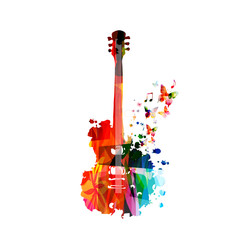 Colorful guitar with music notes isolated vector illustration design. Music background. Music instrument poster with music notes, festival poster, live concert events, party flyer - obrazy, fototapety, plakaty