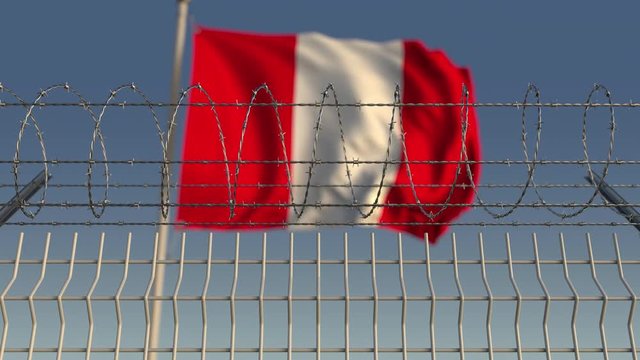 Defocused waving flag of Peru behind barbed wire fence. Loopable 3D animation