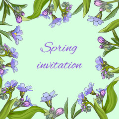 Card with spring flowers. Text frame with delicate pink and purple flowers for greeting text, invitation and greeting card.