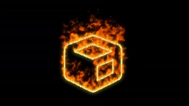 cube symbol inflames. Then disappears. In - Out loop. Alpha channel Premultiplied - Matted with color black