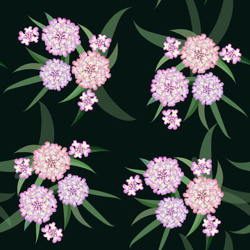 Vector floral pattern of a group of pink flowers with leaves on a black background.
