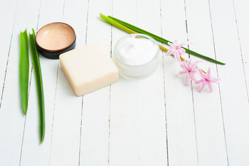 Beauty products and hyacinth