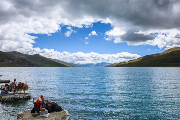 View of Yamdrok Lake (also known as Yamdrok Yumtso or Yamzho Yumco), it is a freshwater lake, one...