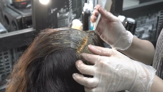 Hairdresser-stylist paints hair in the Barber shop. She divides the girl's hair into strands and apply paint on them with a brush. Hair care. Close up. The view from the top rear. 4K. 25 fps.