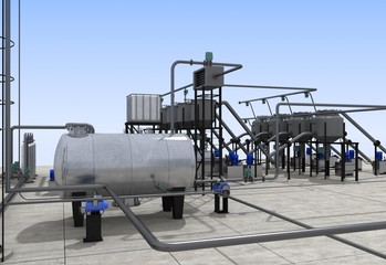 oil refinery, chemical production, waste processing plant, exterior visualization, 3D illustration