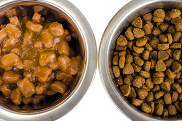 Metal bowls with various pet food.
