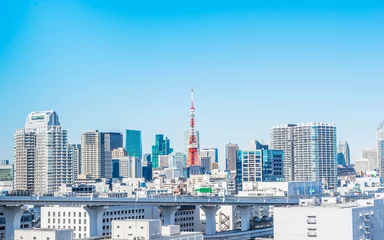 Poster city skyline of tokyo bay, tokyo tower in odaiba, Japan © voyata