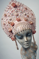 Mannequin head in creative rose pearl Russian kokoshnick