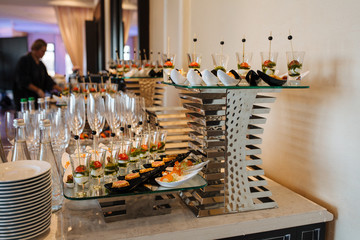 Variety assortment of different luxury food snacks and appetizers, concept of decorated catering banquet set, on a party event celebration