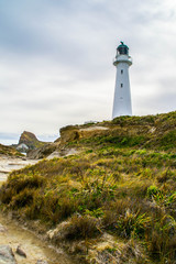 Fototapeta na wymiar Landmarks of New Zealand, North Island. Panoramic scenic landscape view of the white lighthouse in Castlepoint village in Wairarapa/Wellington area or region. Tourist popular attraction/destination.