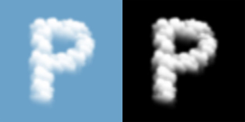 Alphabet uppercase set letter P, Cloud or smoke pattern, illustration isolated float on blue sky background, with opacity mask, vector eps 10