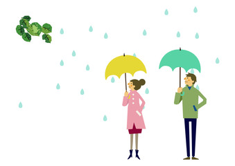 レインコートを着た人物。 梅雨のシーズンのクリップアート。 傘をさす男女。 雨のイメージ。 天気のイラスト。