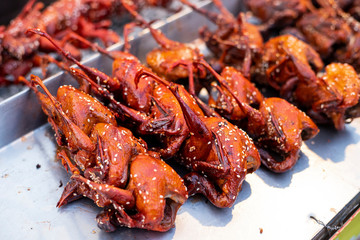 Grilled quail Placed in the tray for sale in the local market, Thailand.