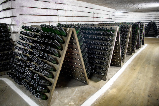 Storage hall of white sparkling wine bottles in the cellars of Cricova Winery. Cricova, Moldova. 06-10-2017