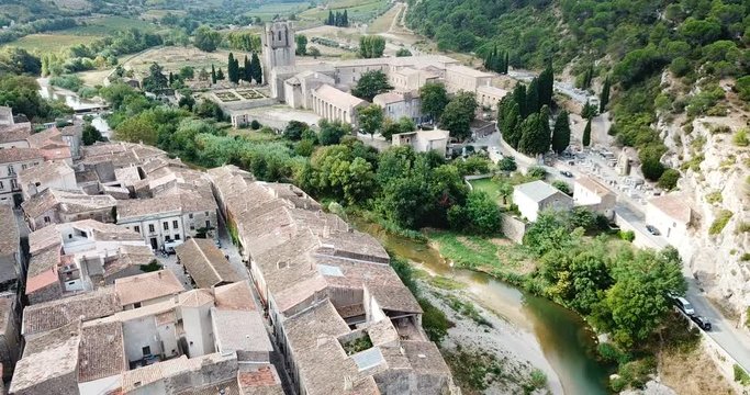 Aerial view of Romanesque Benedictine Abbey Sainte-Marie d'Orbieu in commune of Lagrasse in southern France