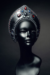 Mannequin head in creative Russian dark silver kokoshnick with jewels