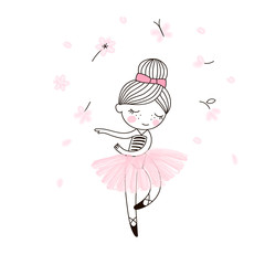 Cute little dancing ballerina girl in pink transparent skirt. Vector doodle illustration in pink colour for girlish designs like textile apparel print, wall art, poster, stickers, cards and more. © AngellozOlga
