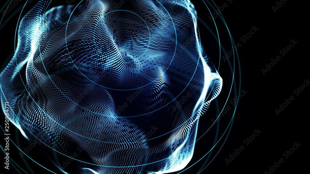 Aufkleber Futuristic orbit in space. Abstract system of science and technology in form of sphere. Array with dynamic particles. 3D rendering.