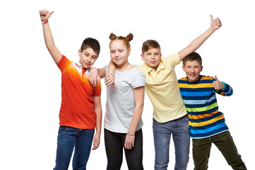 Obraz premium Group of boys and girl with hands up and thumbs up sign