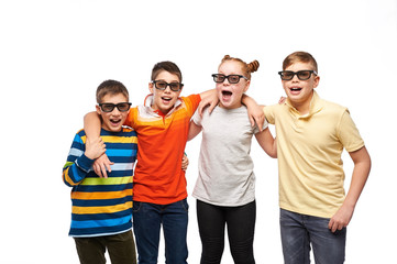 Group of children having fun, wearing 3D movie glasses , crazy facial expression, surprised kids, isolated on white