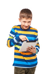 Smiling boy holding a tablet pc and fun, isolated on white background