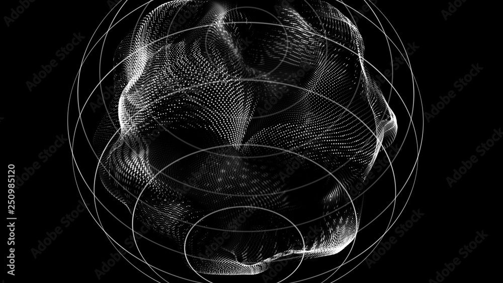 Poster Futuristic orbit in space. Abstract system of science and technology in form of sphere. Array with dynamic particles. 3D rendering.