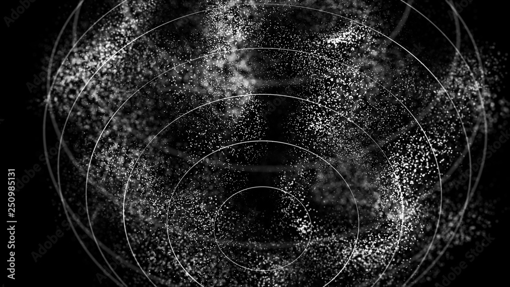 Poster Futuristic orbit in space. Abstract system of science and technology in form of sphere. Array with dynamic particles. 3D rendering.