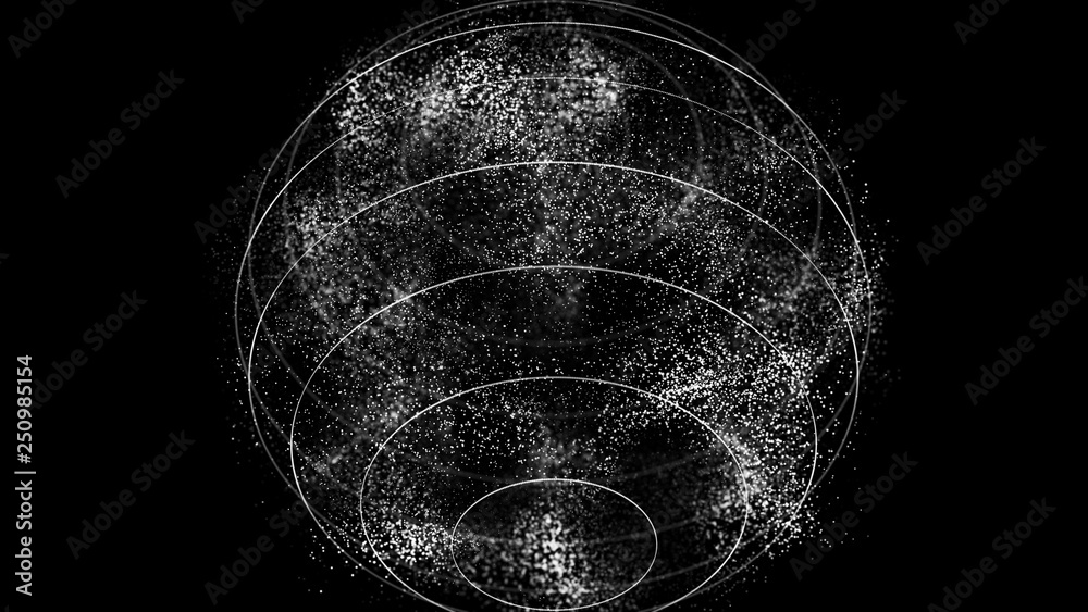 Poster Futuristic orbit in space. Abstract system of science and technology in form of sphere. Array with dynamic particles. 3D rendering.