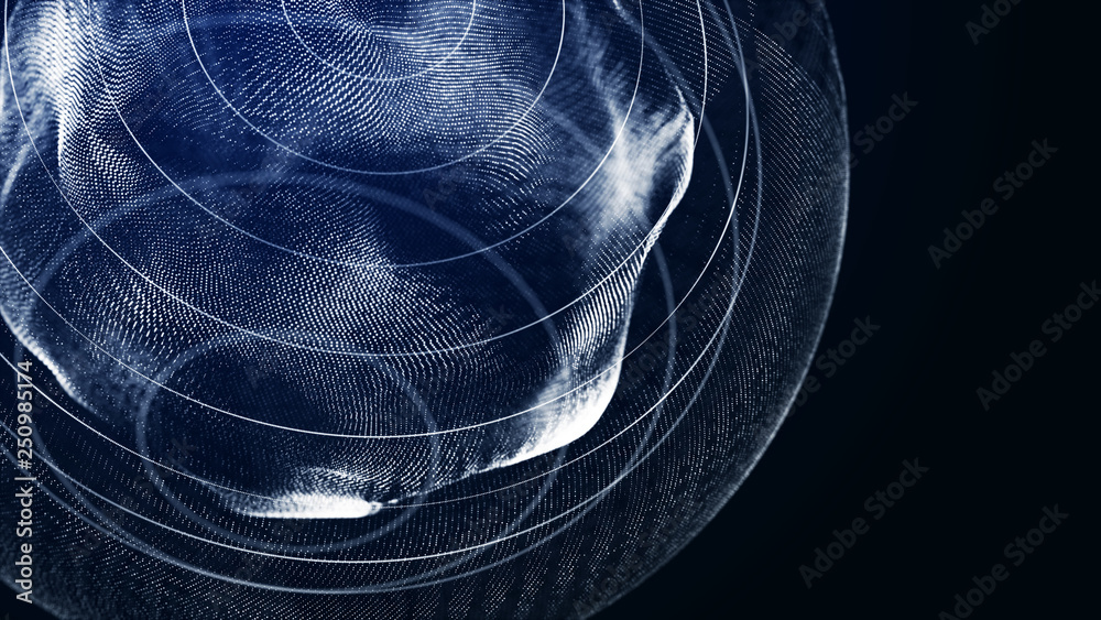Poster Futuristic orbit in space. Abstract system of science and technology in form of sphere. Array with dynamic particles. 3D rendering.