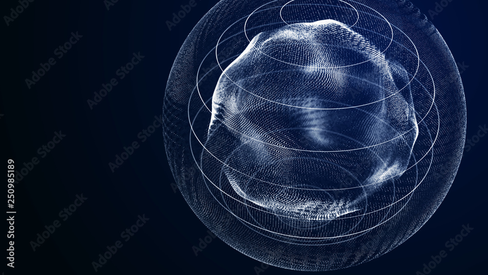 Poster Futuristic orbit in space. Abstract system of science and technology in form of sphere. Array with dynamic particles. 3D rendering.