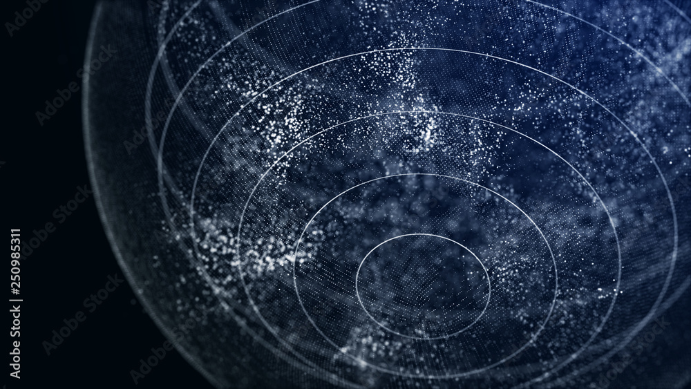 Poster Futuristic orbit in space. Abstract system of science and technology in form of sphere. Array with dynamic particles. 3D rendering.