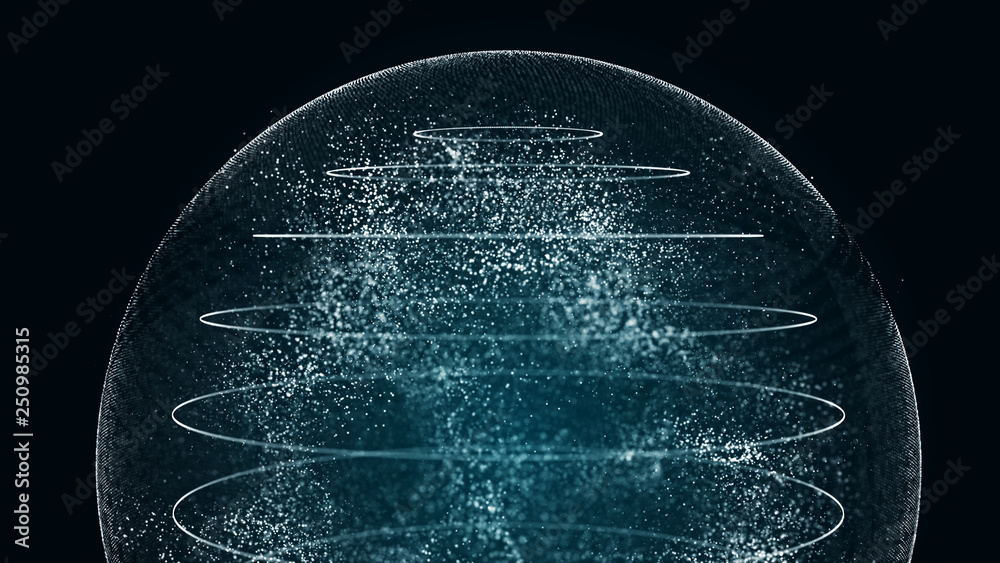 Poster Futuristic orbit in space. Abstract system of science and technology in form of sphere. Array with dynamic particles. 3D rendering.