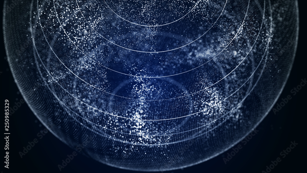 Poster Futuristic orbit in space. Abstract system of science and technology in form of sphere. Array with dynamic particles. 3D rendering.