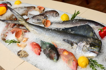 Different sorts of fish on white ice with herbs and lemon on the storefront
