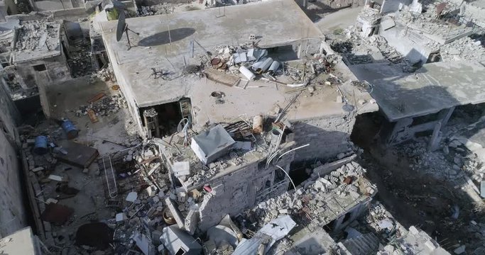 War in Middle east country, neighborhood destroyed due to booming and war, torn buildings, Gaza, Syria, Rafah, Palestine