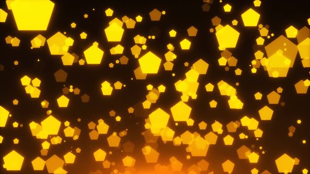 Many gold glittering pentagones are in space, holiday 3d rendering background, golden explosion of confetti